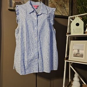 Lilly Pulitzer Blue and White Sleeveless Eyelet Blouse